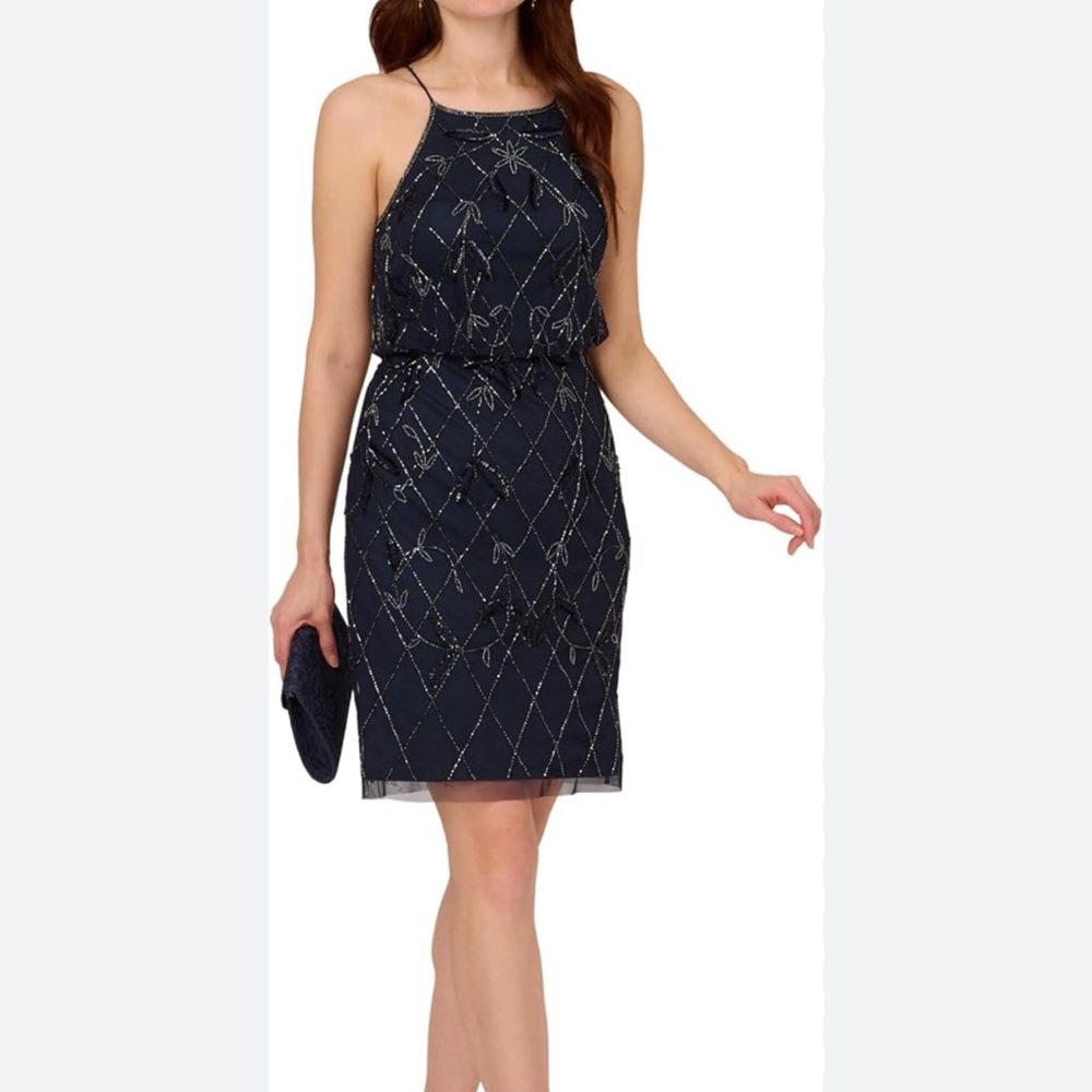 Papell Studio by Adriana Papell Elegant Navy Blue Beaded Dress